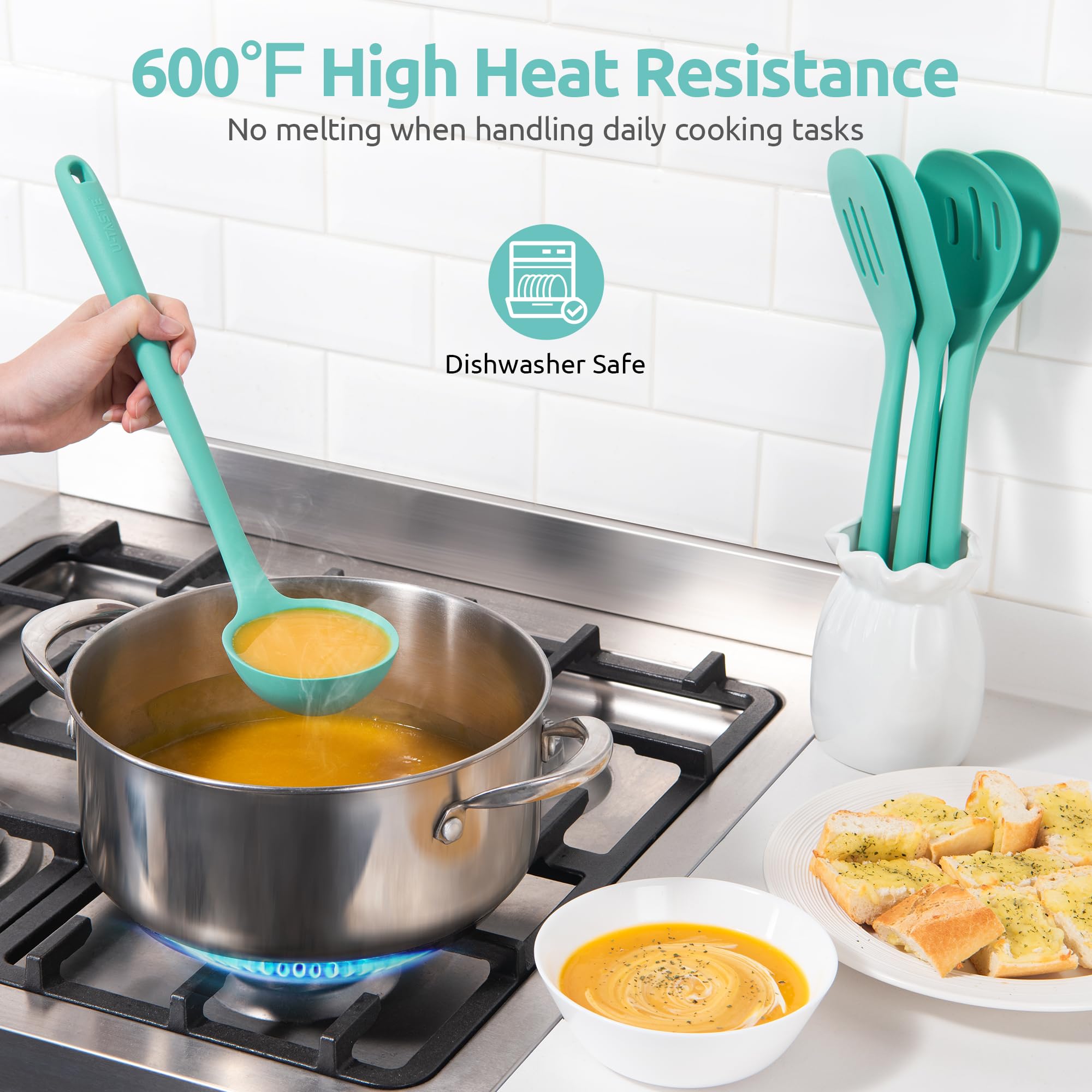 U-Taste Silicone Kitchen Cooking Utensil Set of 5, 13.6" Long, Aqua Sky