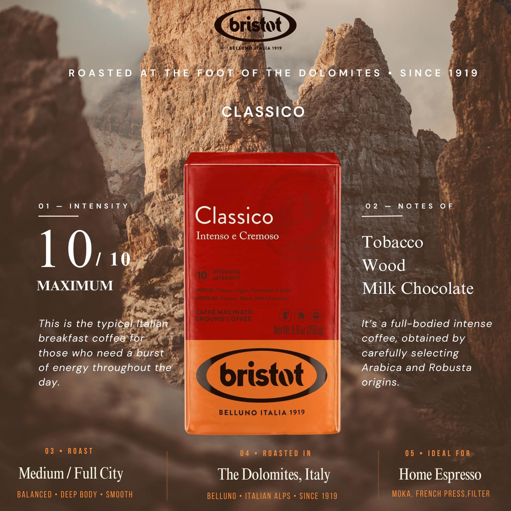 Bristot Classico Ground Espresso – Intense & Creamy Medium Roast Italian Coffee – For Moka, French Press & Pour Over – 8.8 oz (250g)