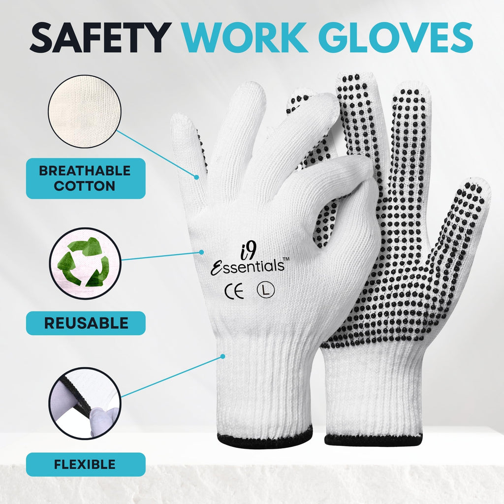 Cotton Work Gloves with PVC Dot Grip, 12 Pairs, String Knit, Large