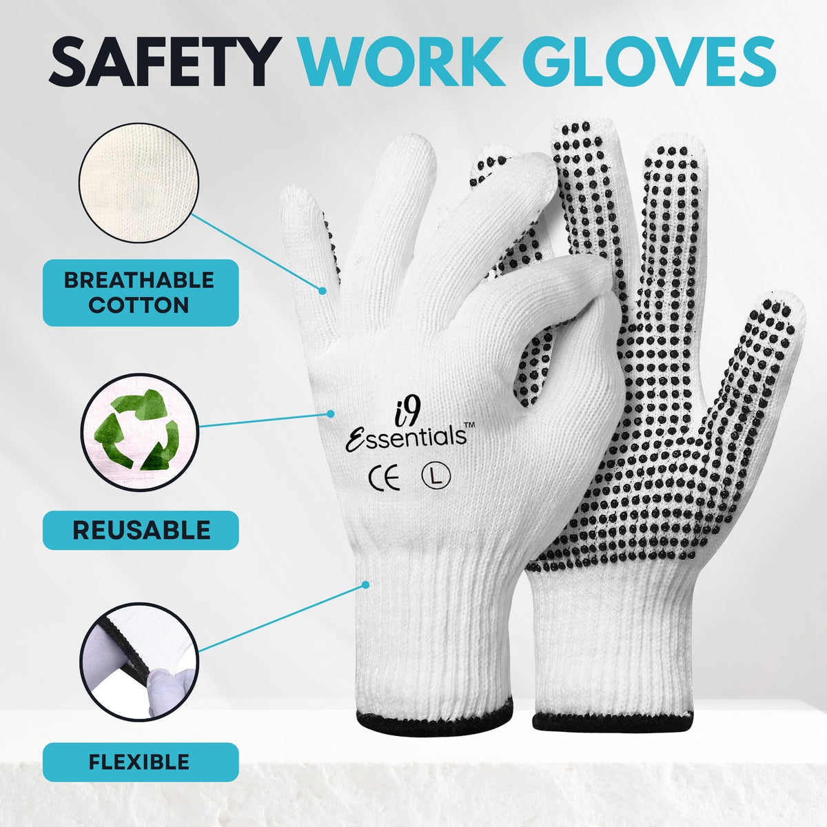 Cotton Work Gloves with PVC Dot Grip, 12 Pairs, String Knit, Large