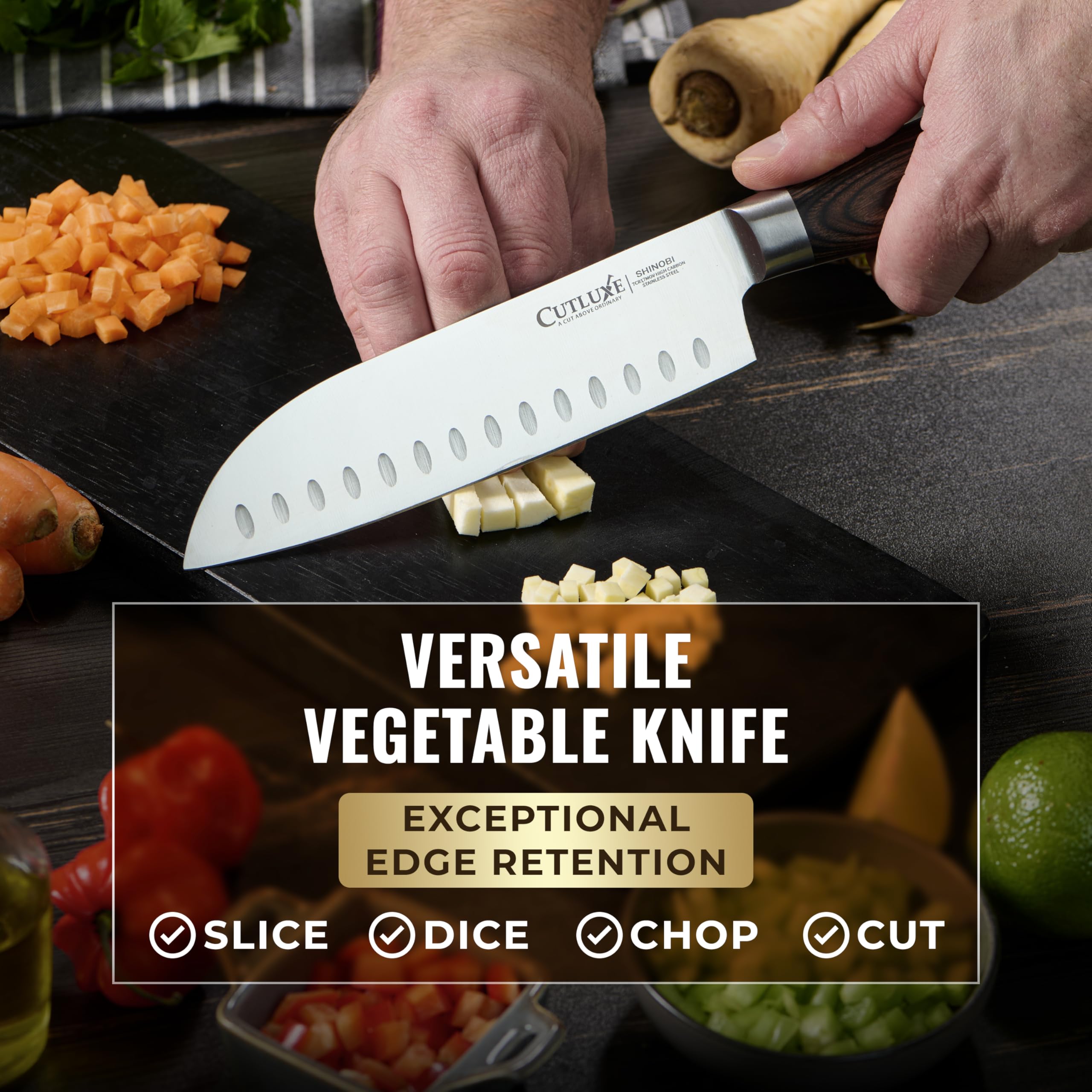 Cutluxe Santoku Knife, 7" Japanese Meat & Vegetable Knife for Chopping