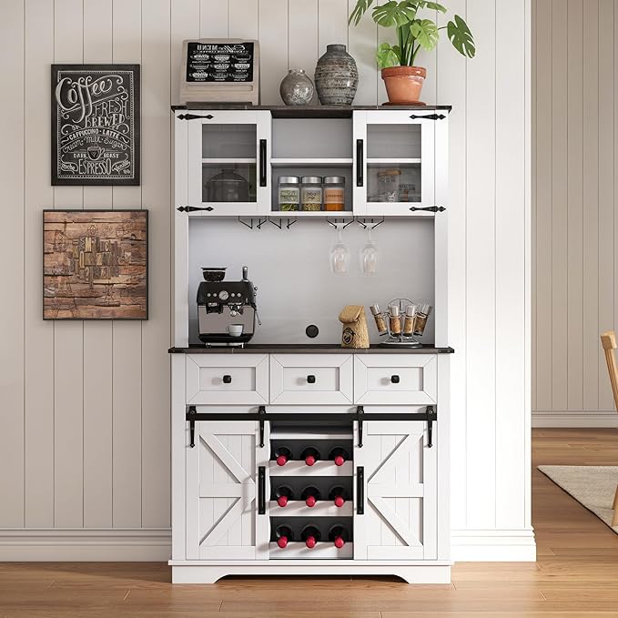 Coffee Bar Cabinet with Sliding Barn Doors 71'' Farmhouse White Pantry Cabinet with Drawers & Wine Glass Rack Rustic Buffet Cabinet for Kitchen, Black