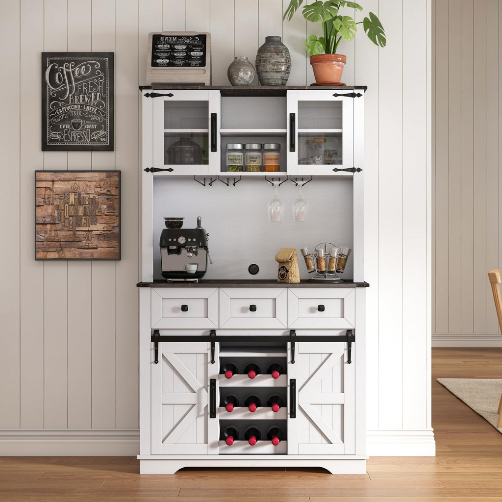 DM Furniture Coffee Bar Cabinet with Sliding Barn Doors 71'' Farmhouse Pantry Cabinet with Drawers & Wine Glass Rack Rustic Buffet Cabinet for Kitchen, White and Black