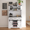 DM Furniture Coffee Bar Cabinet with Sliding Barn Doors 71'' Farmhouse Pantry Cabinet with Drawers & Wine Glass Rack Rustic Buffet Cabinet for Kitchen, White and Black