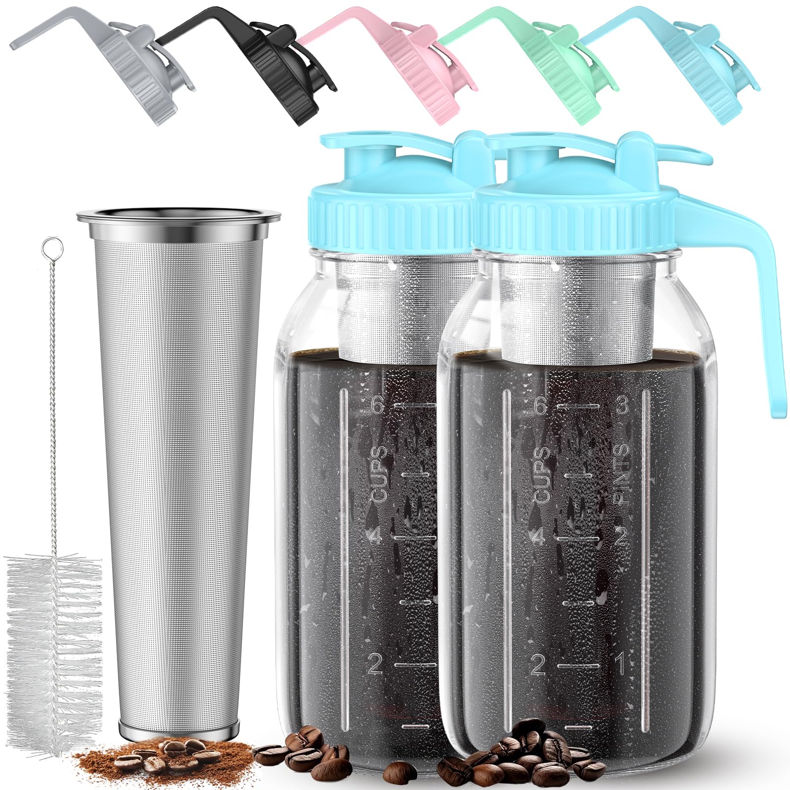 2 Pack 64 oz Cold Brew Coffee Maker Jar - Thick Glass Cold Brew Maker with Handle, Stainless Steel Filter & Leak-Proof Lid, Cold Brew Pitcher for Iced Coffee,Tea and Milk (2 Quart / 1.9 Liter)