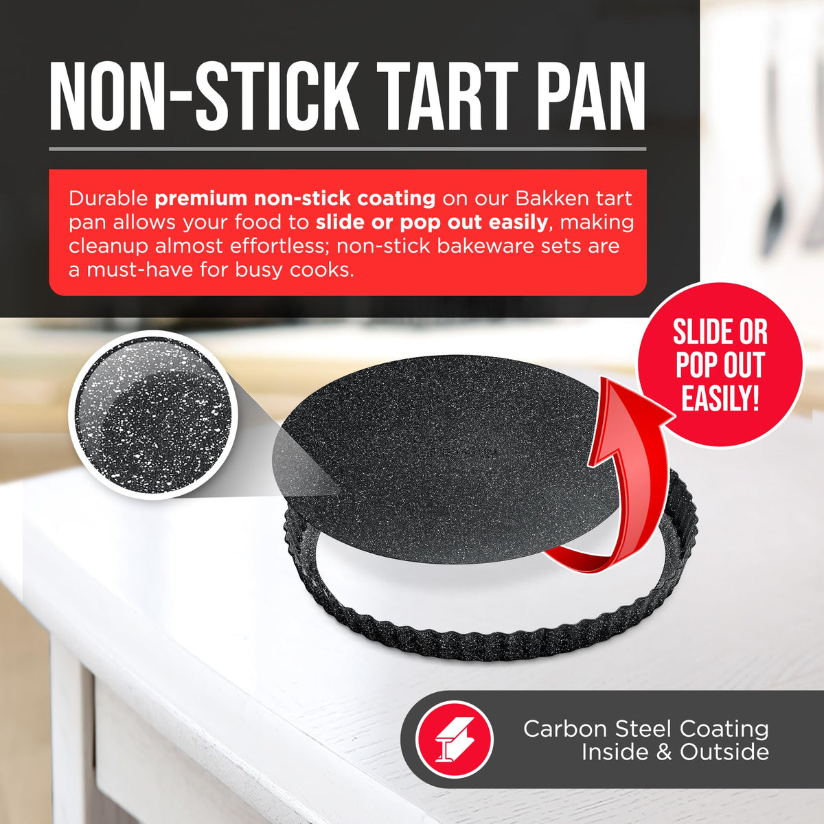 Bakken- Swiss Tart Pan – Quick Release Removable Base, Non-Stick Fluted Edge, Durable Steel - Create Perfect Pies, Fruit Tarts, and Quiches with Ease