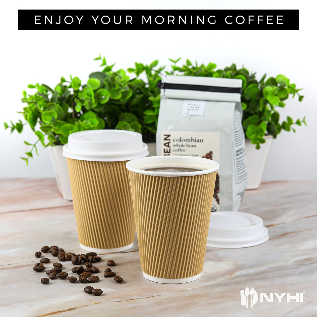 NYHI 100 10 oz Ripple Kraft Paper Cups Brown Hot Cold 3 Layer Rippled Small Insulated Disposable Coffee Cups for Cappuccino Hot Cocoa or Iced Drinks