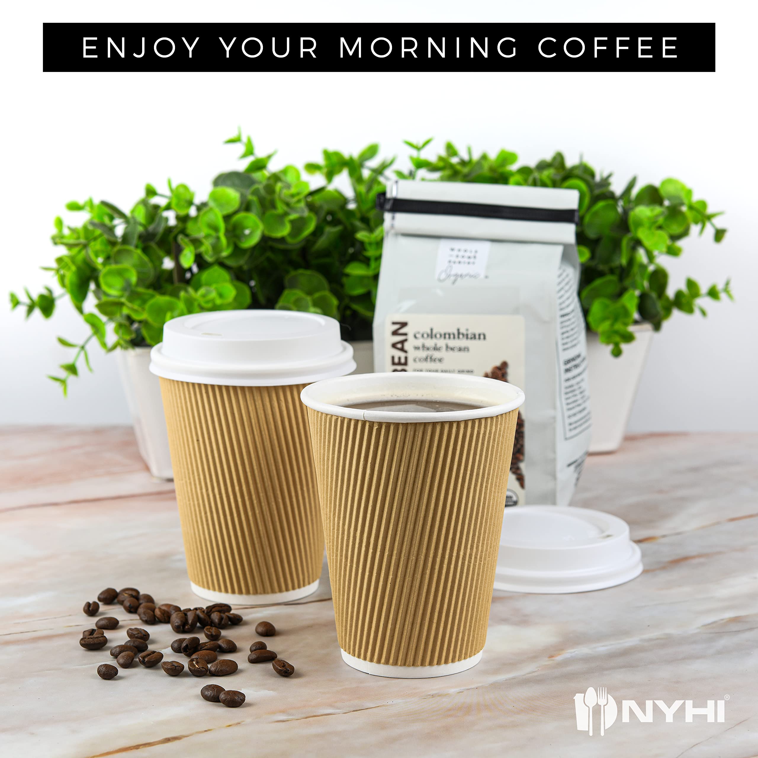 NYHI 100 10 oz Ripple Kraft Paper Cups Brown Hot Cold 3 Layer Rippled Small Insulated Disposable Coffee Cups for Cappuccino Hot Cocoa or Iced Drinks