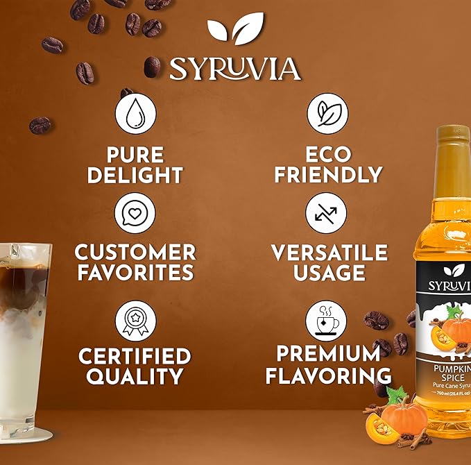 Syruvia Pumpkin Spice Syrup – 25.4 fl oz – Syrup for Coffee, Lattes, Shakes, Smoothies, Desserts – 100% Vegan, Gluten Free, Kosher Delicious Coffee Sauce, (Pack of 2)