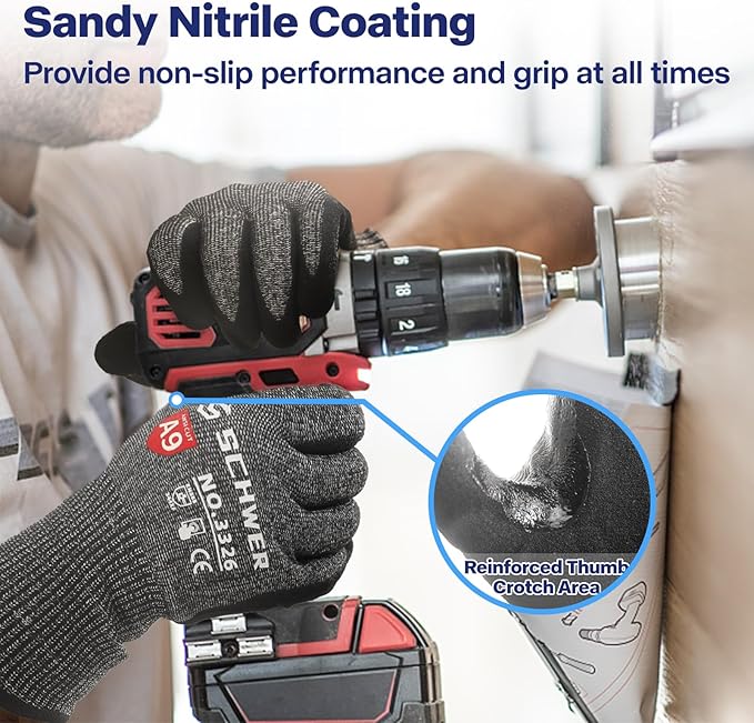Schwer ProGuard Highest Level Cut Resistant Work Gloves PR3326 for Extreme Protection, ANSI A9 Cut Gloves with Reinforced Thumb, Non Slip, Cooling, Durable, Touch-screen, Non PFAS, Black 2 Pairs（S）
