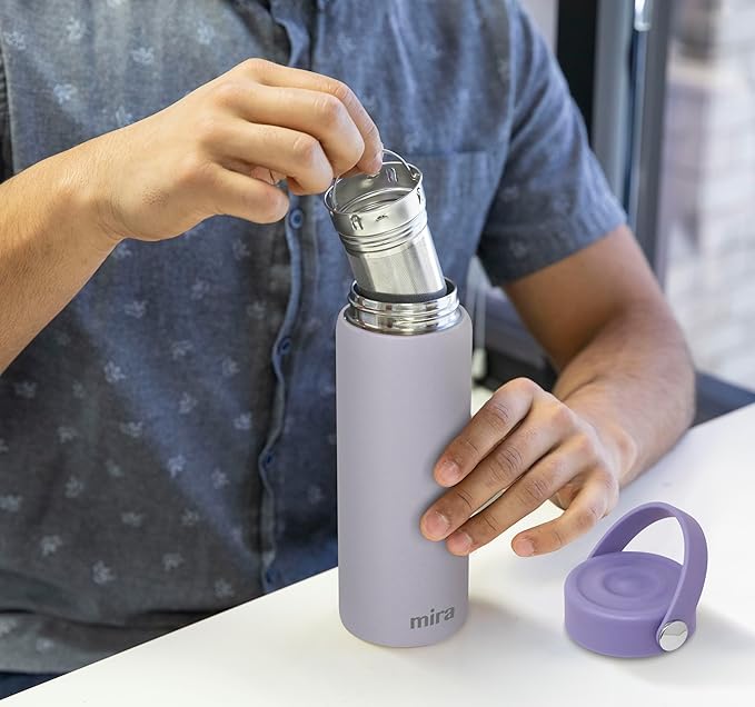 MIRA 18 oz Tea Infuser Thermos - Stainless Steel Travel Bottle with Removable Strainer for Loose Leaf Tea - Insulated Hot & Cold Brew Steeper - Heather