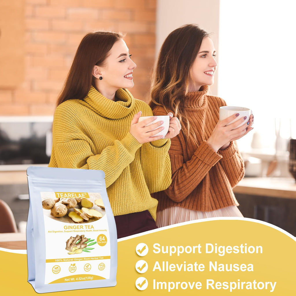 TEARELAE - Ginger Tea Bags, 64 Count, 100% Pure Ginger Root Tea