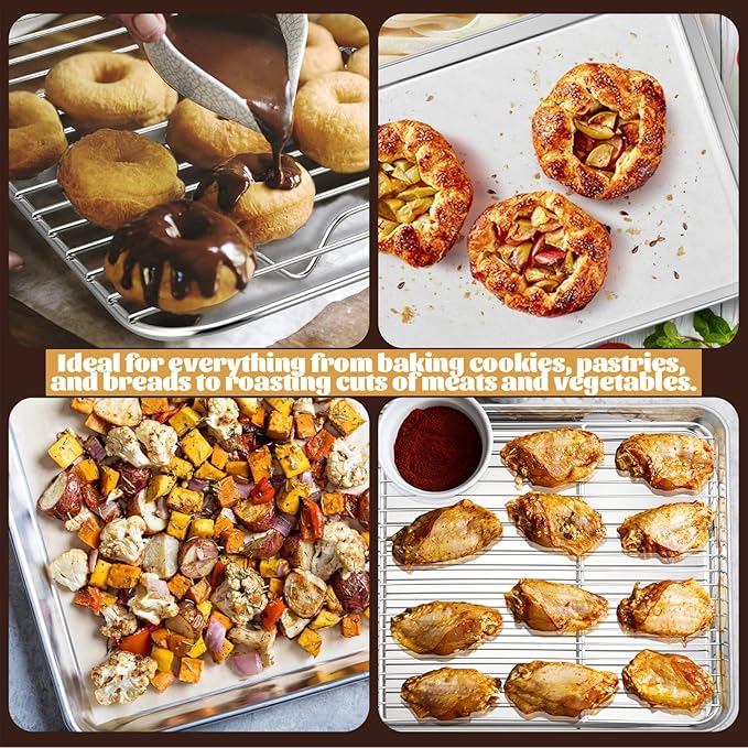 E-far Small Metal Toaster Oven Tray with Rack Set, 9.4”x7.3” Baking Sheet Broiling Pan with Stainless Steel Wire Cooling Rack, Non-Toxic Compact Bakeware for Toaster Oven - Dishwasher Safe