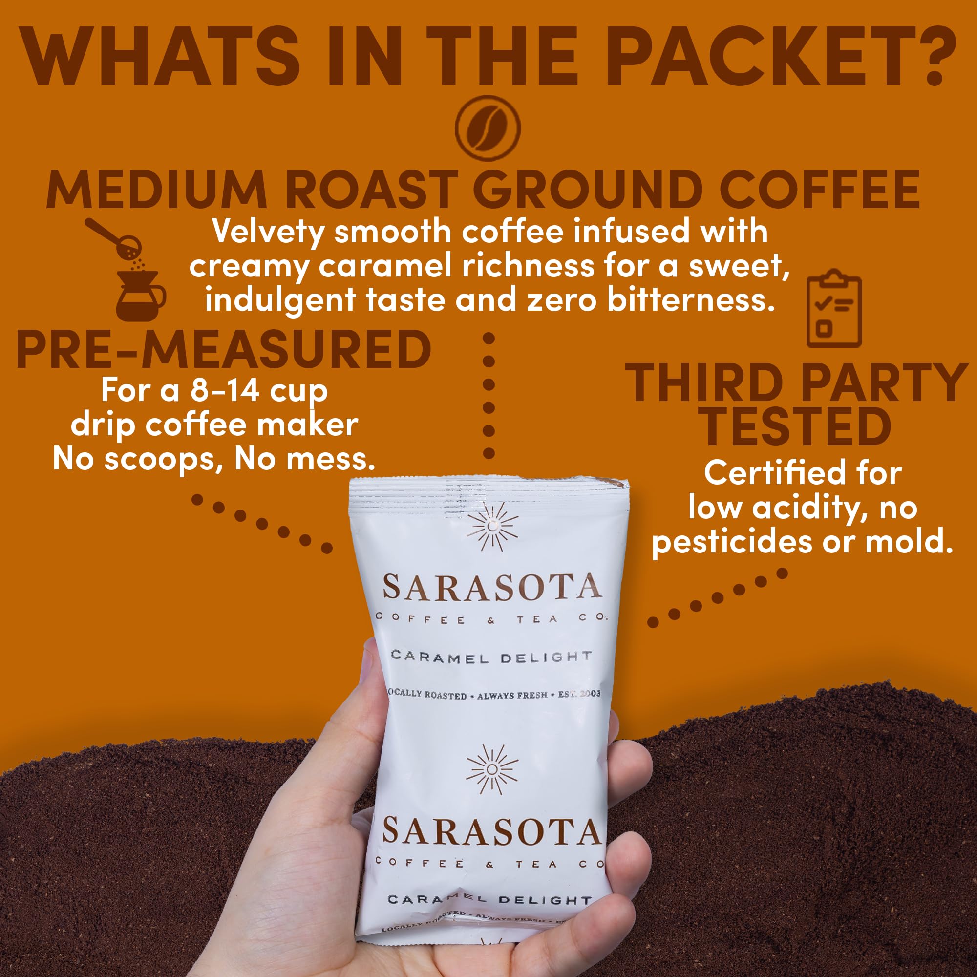 Coffee Packets – Salted Caramel Flavored Ground Coffee Packs | Gourmet Medium Roast, Low Acid Mold Free Pre-Measured Pouches for 12 Cup Brewers | 2 oz Single-Pot Bags, 36 Count – Sarasota Coffee