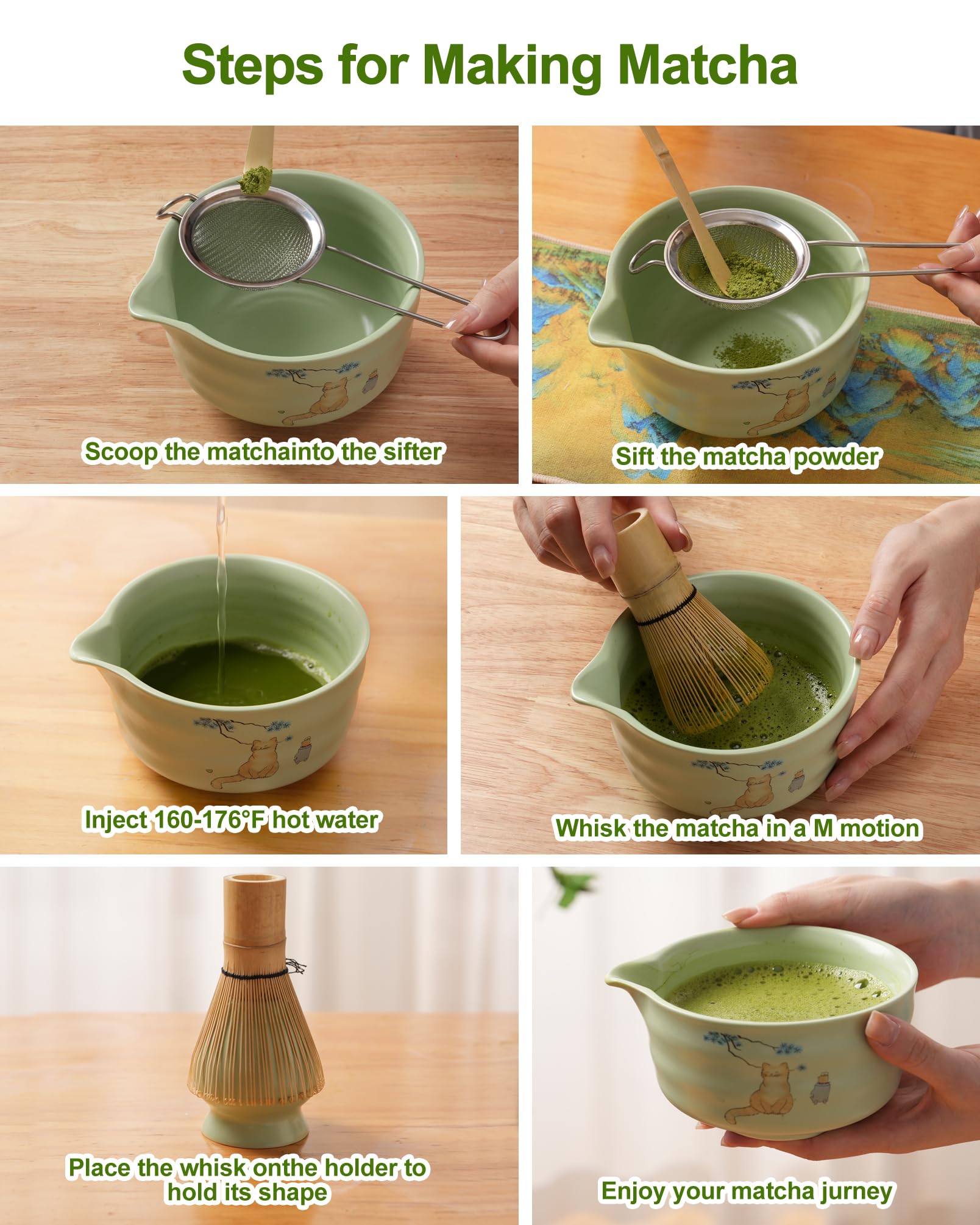 Matcha Whisk Set, Ceramic Matcha Set Includes Matcha Bowl, Matcha Whisk and Holder, Bamboo Scoop, Scoop Rest, Sifter and Tea Towel - 7 Pcs Matcha Kit(Green)
