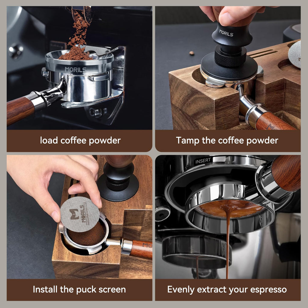 MORILS Bottomless Portafilter 58mm with Double Shot Filter Basket & Premium Walnutwood Handle, Portafilter with Puck Screen Compatible with All Breville 58mm Machines, Espresso Accessories, Silver