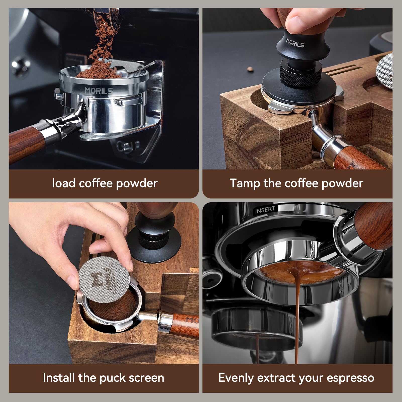 MORILS Bottomless Portafilter 58mm with Double Shot Filter Basket & Premium Walnutwood Handle, Portafilter with Puck Screen Compatible with All Breville 58mm Machines, Espresso Accessories, Silver