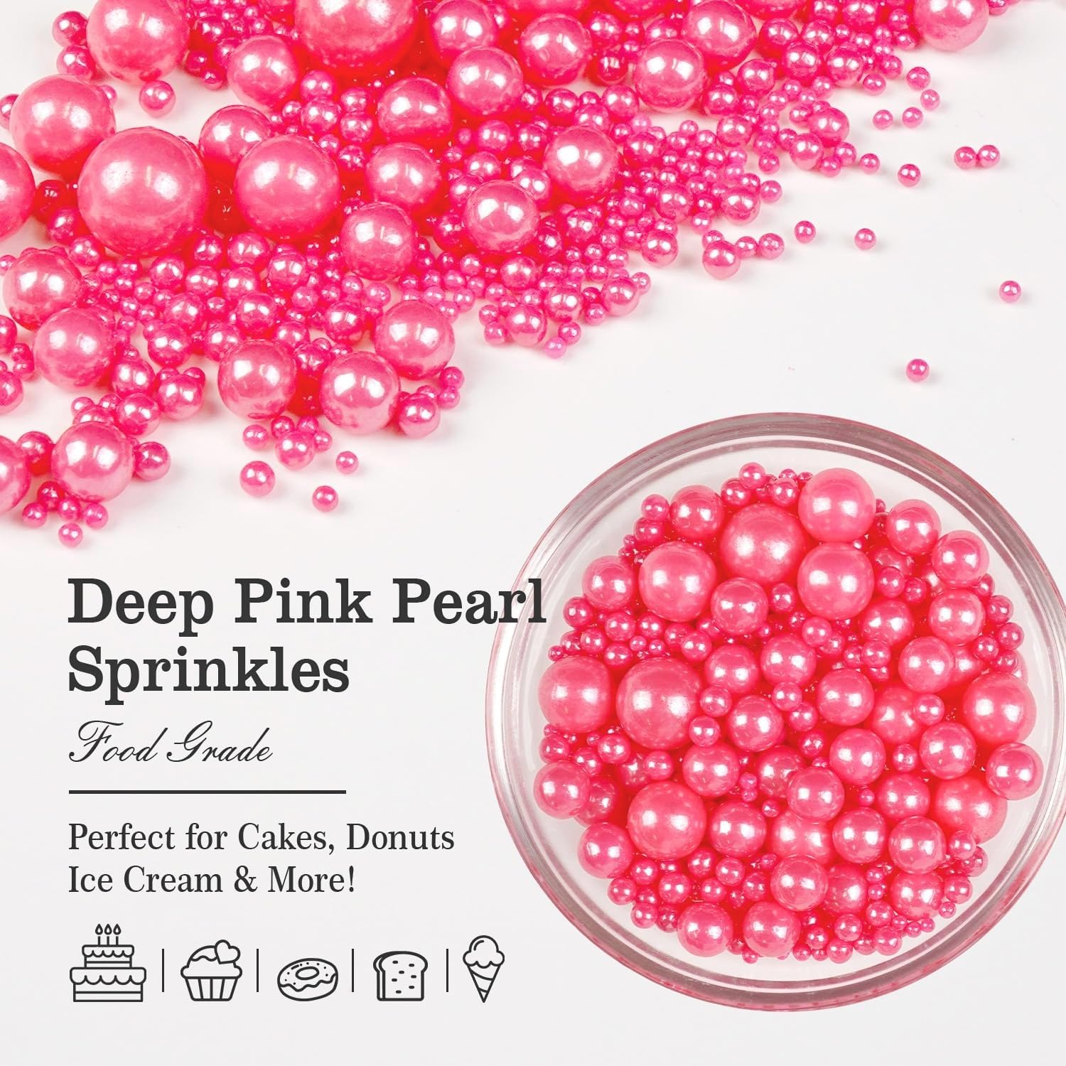 Deep Pink Pearl Sprinkles for Cake Decorating, 150g/5.29oz Mix Size, Edible Candy Sugar Pearls, Pearl Cake Decorations, Donuts&Cupcakes Topper, Wedding Party Birthday Supplies, Food Grade