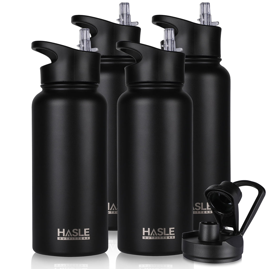 HASLE OUTFITTERS 32 oz Insulated Water Bottle Stainless Steel Double Walled Vacuum Sports Water Bottle with 2 Lids (Straw and Spout Lid) for Gym Camping Hiking(Black,4)
