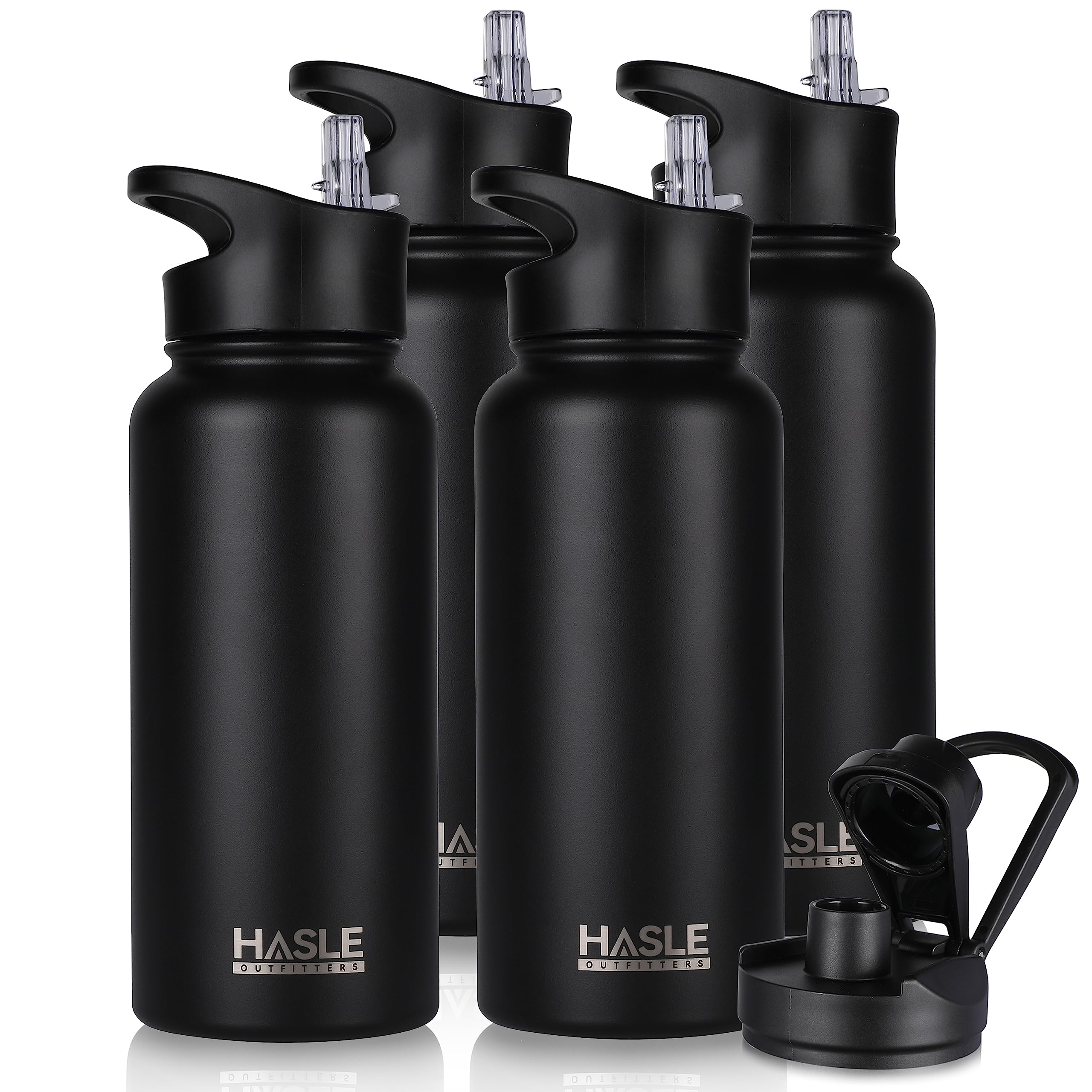 HASLE OUTFITTERS 32 oz Insulated Water Bottle Stainless Steel Double Walled Vacuum Sports Water Bottle with 2 Lids (Straw and Spout Lid) for Gym Camping Hiking(Black,4)