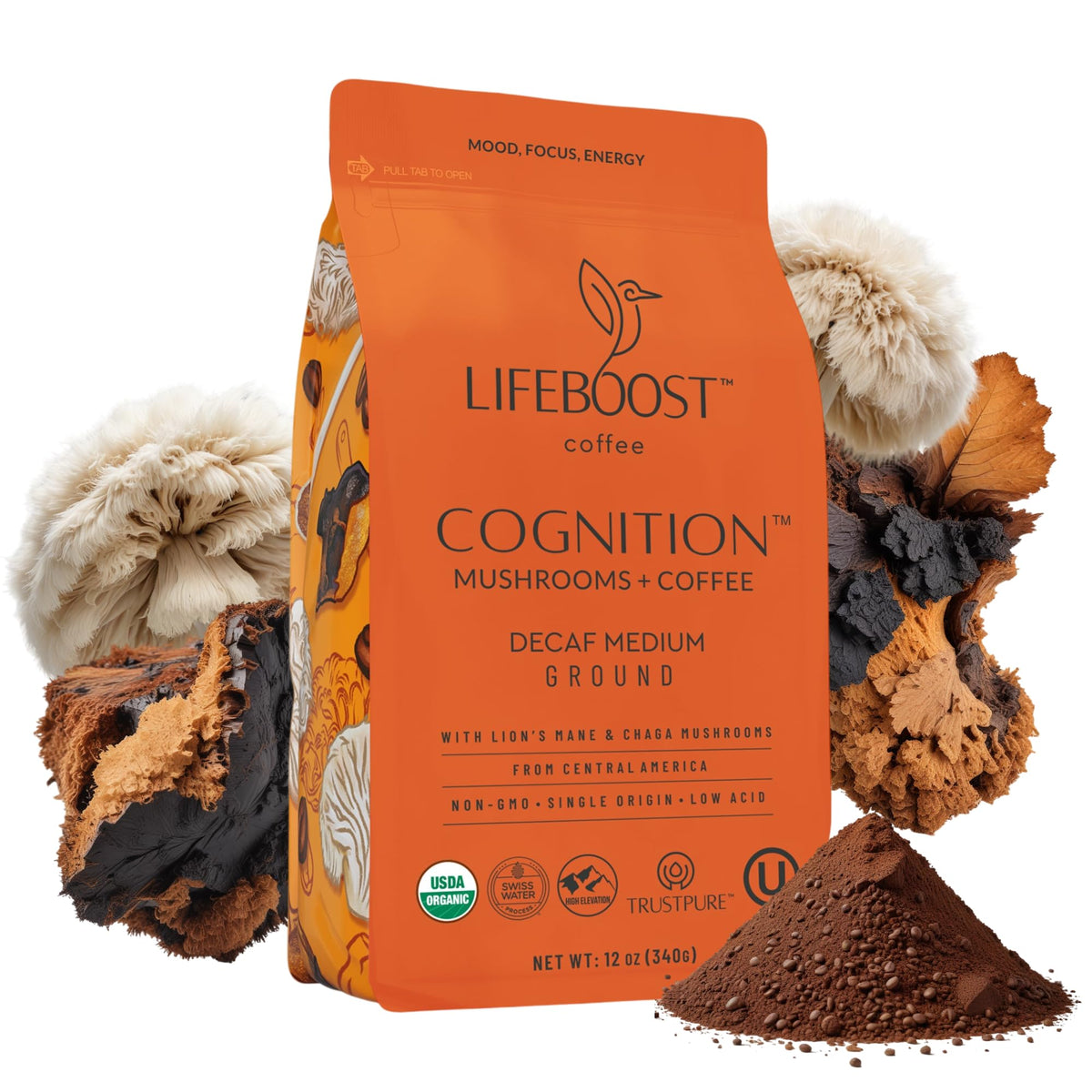 Lifeboost French Vanilla Cognition Mushroom Ground Coffee, Low Acid, 12oz