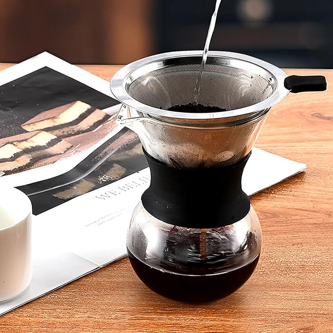 Pour Over Coffee Dripper-Stainless Steel Coffee Filter,Reusable Drip Cone Coffee Filter Portable Pour for 1-4 Cup (Without base, L)
