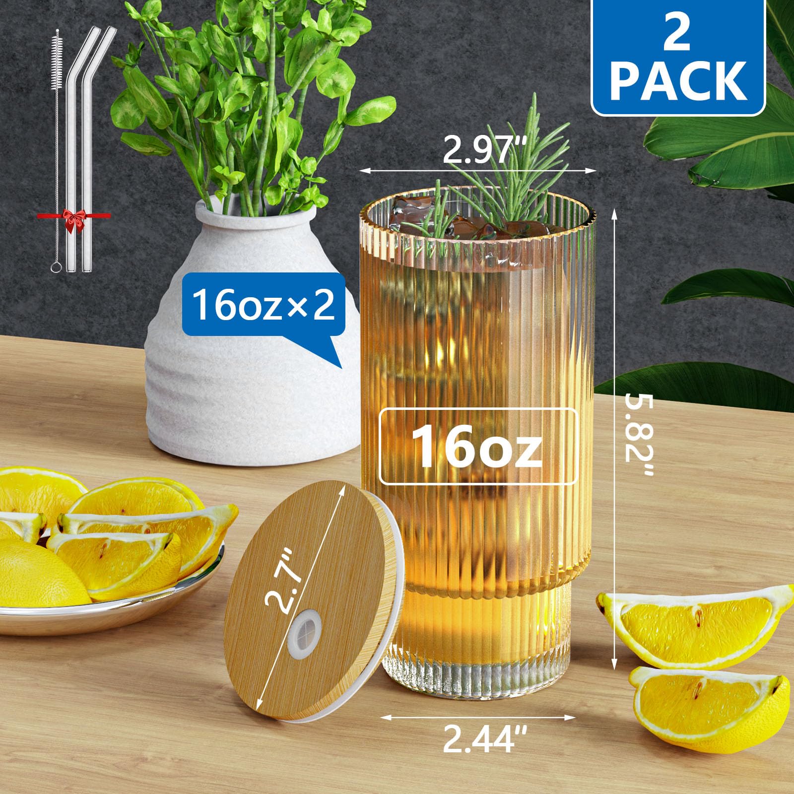 CWHHRN 16OZ Glass Cups with Lids and Straws, Vintage Glassware for Whiskey Cocktail Beer, Iced Coffee Cups with Lid, Glass Tumbler with Straw and Lid (2 PACK)