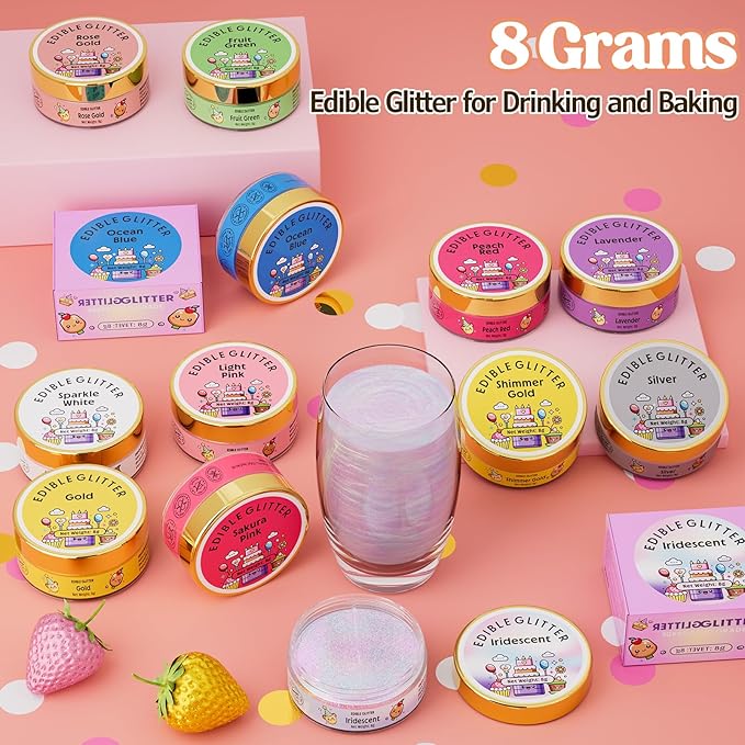 Nomeca Edible Glitter for Drinks Cakes, 8 grams Food Grade Luster Dust Sprinkles Glitter for Cake Decorations, DIY Cocktails, Beverages & Cake Decorating, Dessert Cake Topper (4-Light Pink)