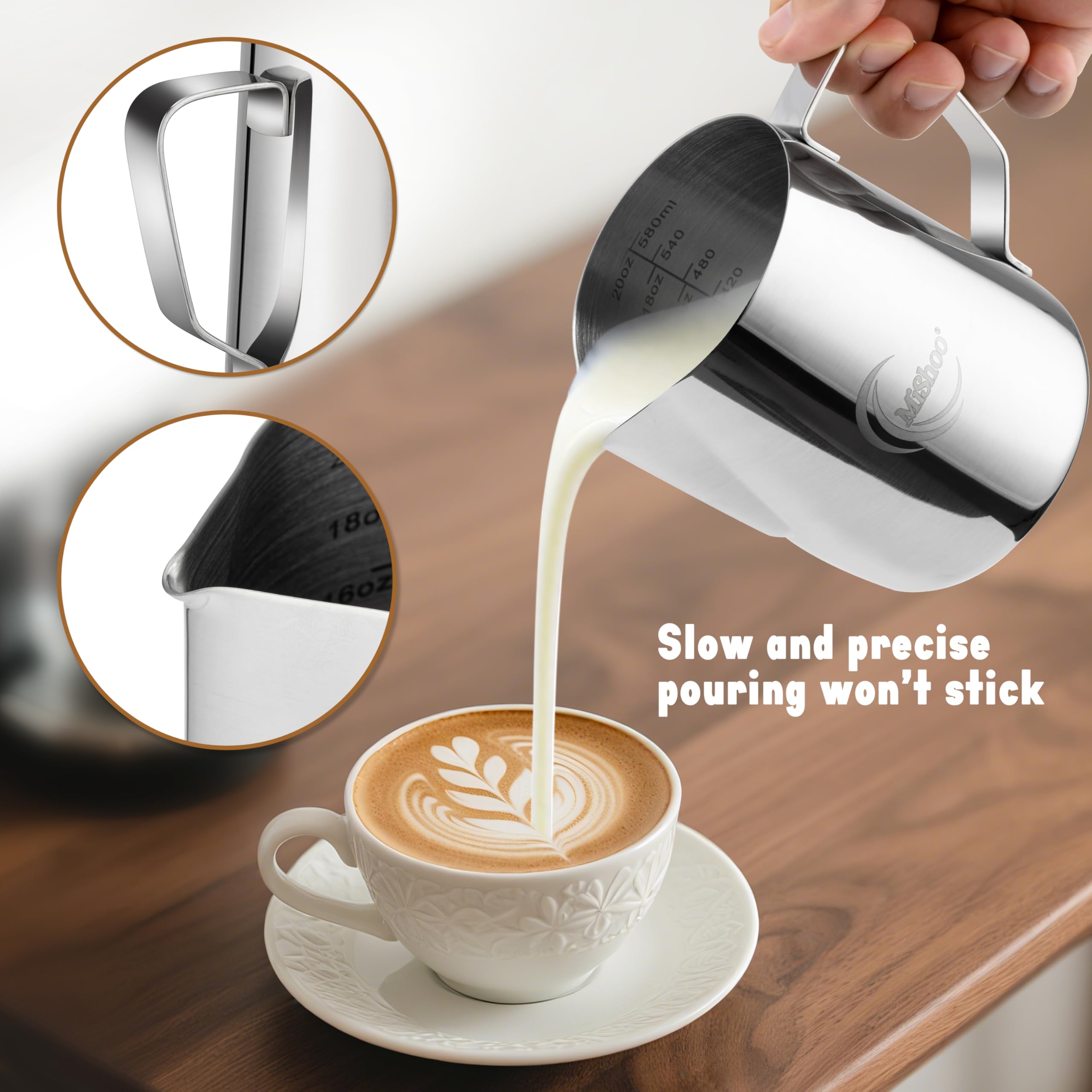 MiShoo™ Milk Frothing Pitcher 20oz – 304 Stainless Steel Milk Frother Cup for Espresso, Latte & Cappuccino – Mixing Pitcher with Spouse Rustproof, Precise Pour Spout, Easy-Clean Espresso Accessories