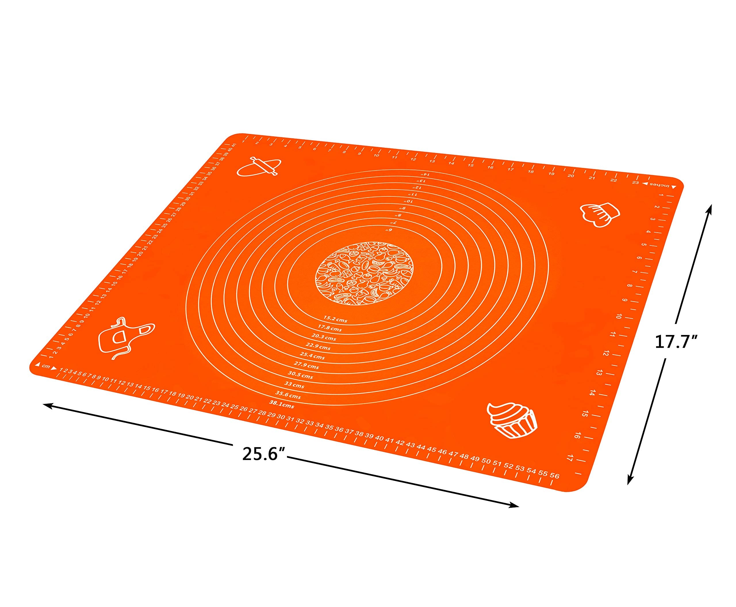 Silicone Baking Mat for Rolling Pastry Dough with Measurements, 25.6 x 17.7 BPA Free Non stick and Non Slip Orange Table Sheet Baking Supplies for Bake Pizza Cake