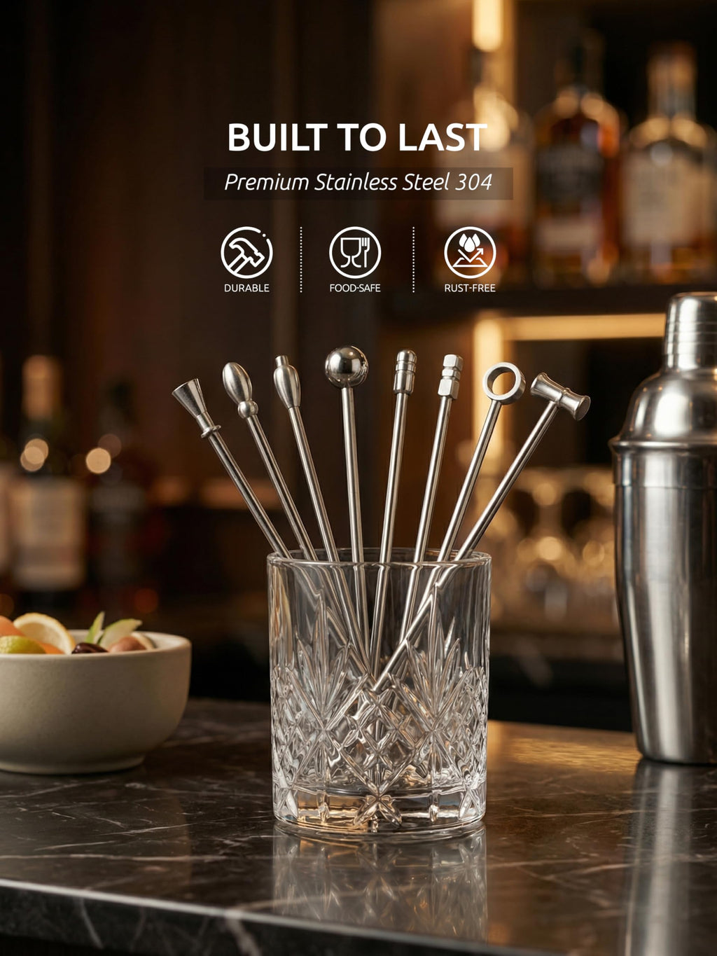 DEMIGO Cocktail Picks Set of 8, Stainless Steel Reusable Martini Picks