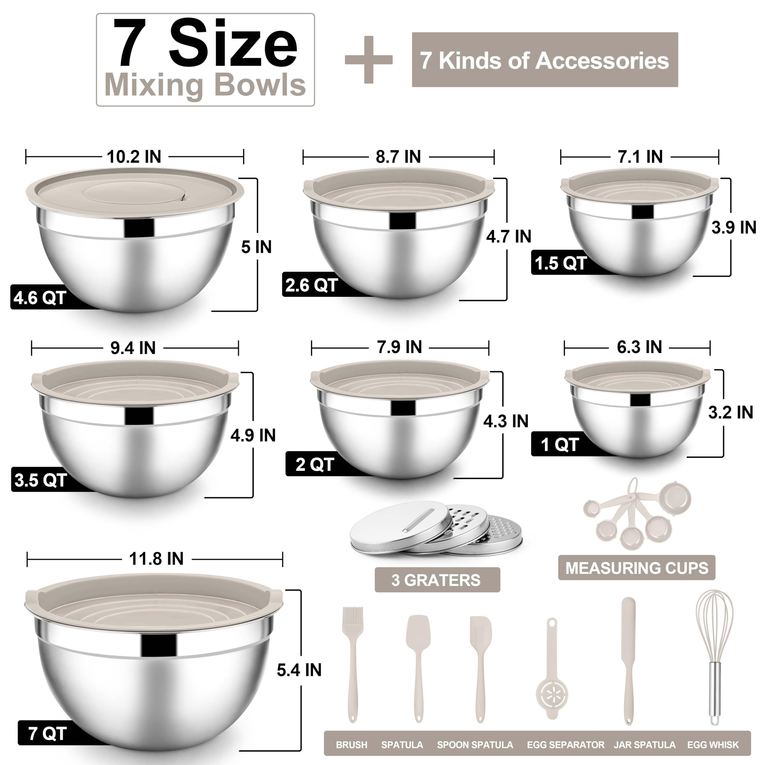 E-far Mixing Bowls with Lids Set, 21PCS Stainless Steel Mixing Salad Bowls with 3 Grater Attachments, Size 7, 4.6, 3.5, 2.6, 2, 1.5, 1QT, Nesting Design & Khaki Airtight Lid, For Baking/Prepping
