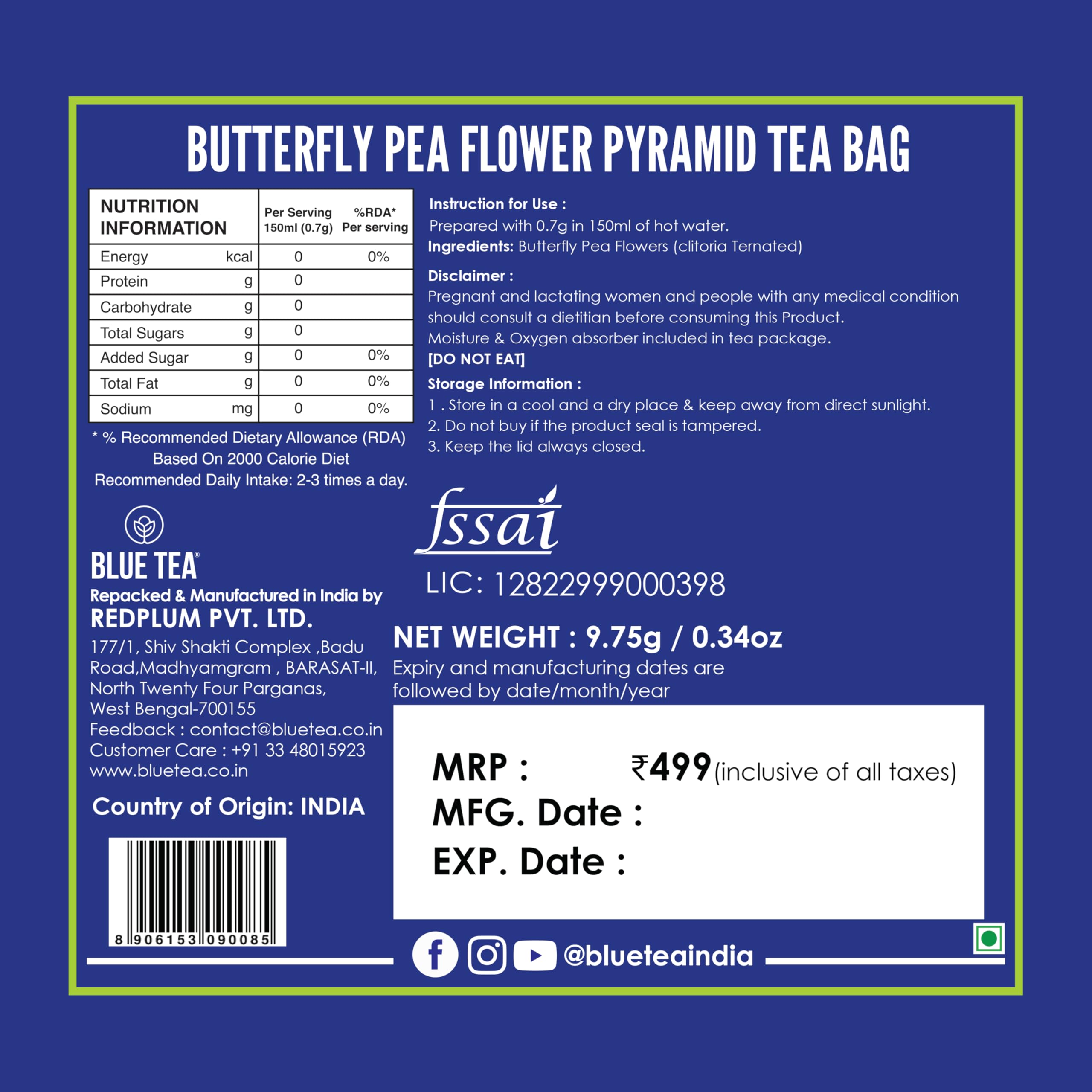 BLUE TEA - Butterfly Pea Flower Tea - 15 Count - Pyramid Plant Based Tea Bag | ANTIOXIDANT RICH | Herbal Tea - Caffeine Free - Detox Tea - Flower Based - Non Bitter | Reusable Tin Pack