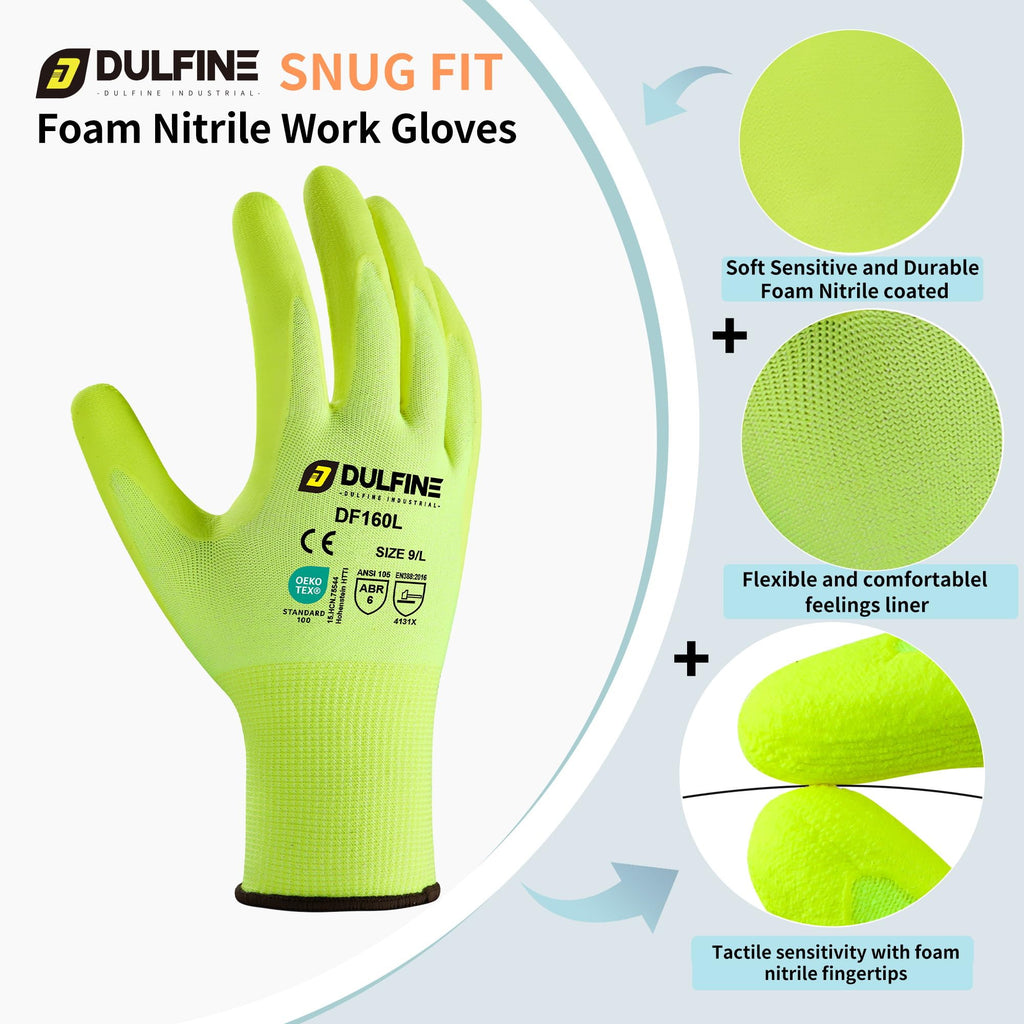 DULFINE MicroFoam Nitrile Coated 12 Pairs Work Gloves for Men Yellow M