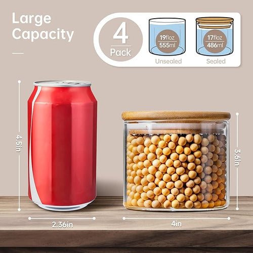 17 oz Glass Jars with Bamboo Lids, Airtight Food Storage Containers, 4 Pack