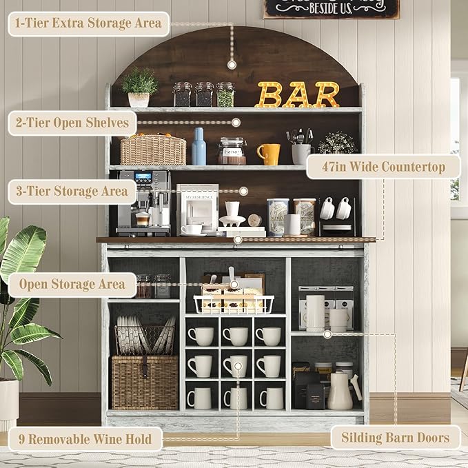 4 EVER WINNER Coffee Bar with 3-Tier Storage, 67" Coffee Bar Cabinet with Sliding Barn Doors & Wine Rack, Kitchen Hutch Cabinet for Living Room, Dining Room, Grey