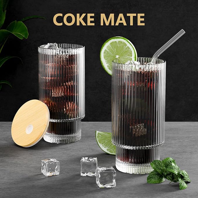 16OZ Ribbed Glass Cups with Lids and Straws 4 Set, Vintage Glassware for Whiskey Cocktail Beer, Iced Coffee Cups with Lid, Glass Tumbler with Straw and Lid (4 PACK)