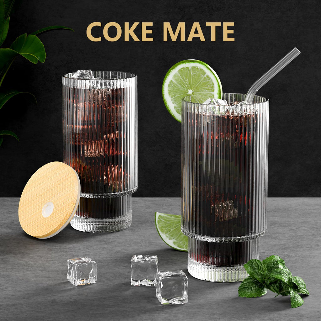 CWHHRN 16 OZ Glass Cup with Lid and Straw, Vintage Ribbed Glassware for Whiskey Cocktail Beer, Iced Coffee Cups with Lid, Glass Tumbler with Straw and Lid (1 PACK)