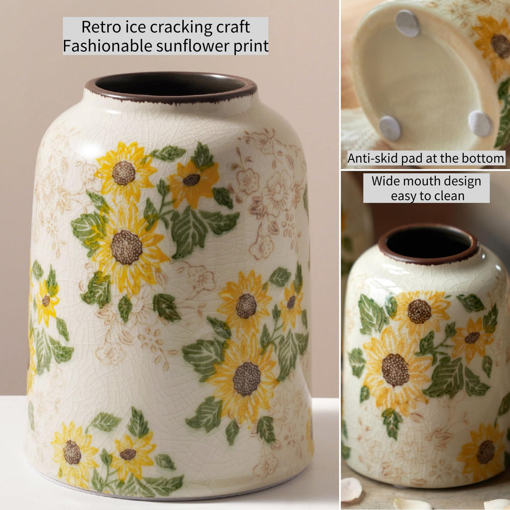 Levvohd Vintage Ceramic Vase, Sunflower Pattern 7.9 Inch, Medium Cylinder