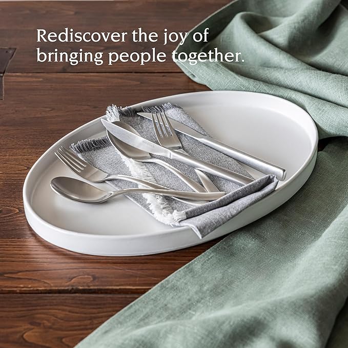 over&back Stackable Stoneware Serving Platter - Elegant 1-Piece Oval Serving Platter to Complete Your Kitchen Set - Perfect for Appetizers, Desserts, and More - 16" L x 11" W - Semi-Matte White