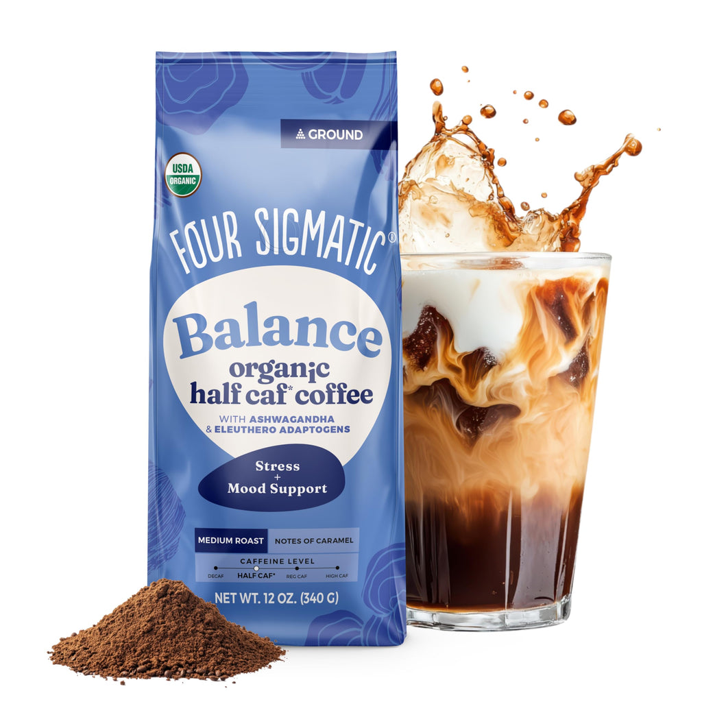 Four Sigmatic Organic Balance Adaptogen Ground Coffee | Medium Roast USDA Organic Coffee with Ashwagandha, Chaga Mushroom, Eleuthero and Tulsi | Focus and Energy Boosting Coffee | 12oz Bag