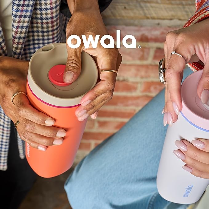 Owala SmoothSip Slider Insulated Stainless Steel Coffee Tumbler, Reusable Iced Coffee Cup, Hot Coffee Travel Mug, BPA Free 12 oz, Purple/Pink (Crochet Queen)
