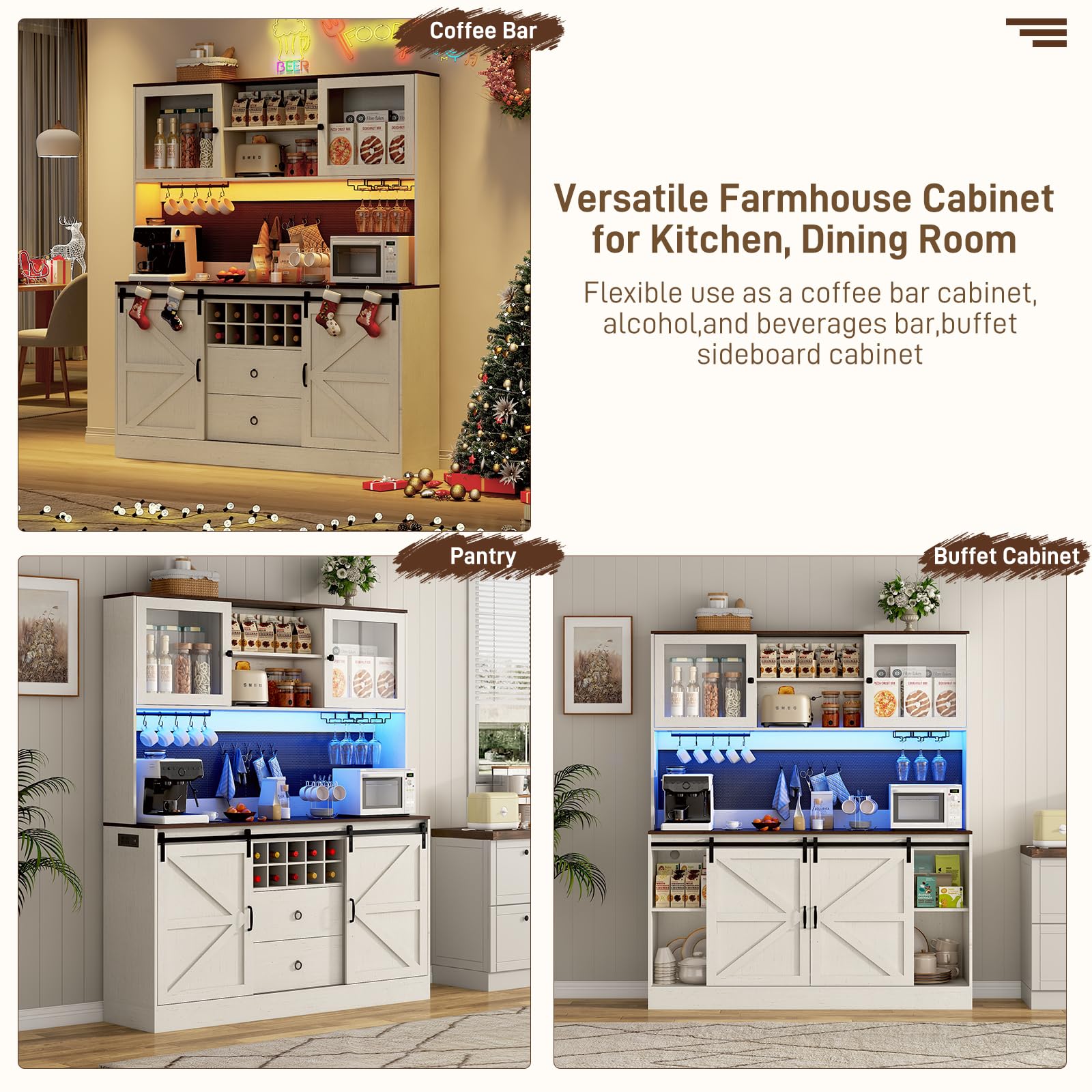 74" Tall 63" Wide Large Coffee Bar Cabinet w/Outlet,6000-color LED Light,Pegboard,Farmhouse Hutch Cabinet w/Barn Door,2 Big Drawers,Adjustable Shelves,10 Wine & Glasses Rack,5 Hook for Kitchen