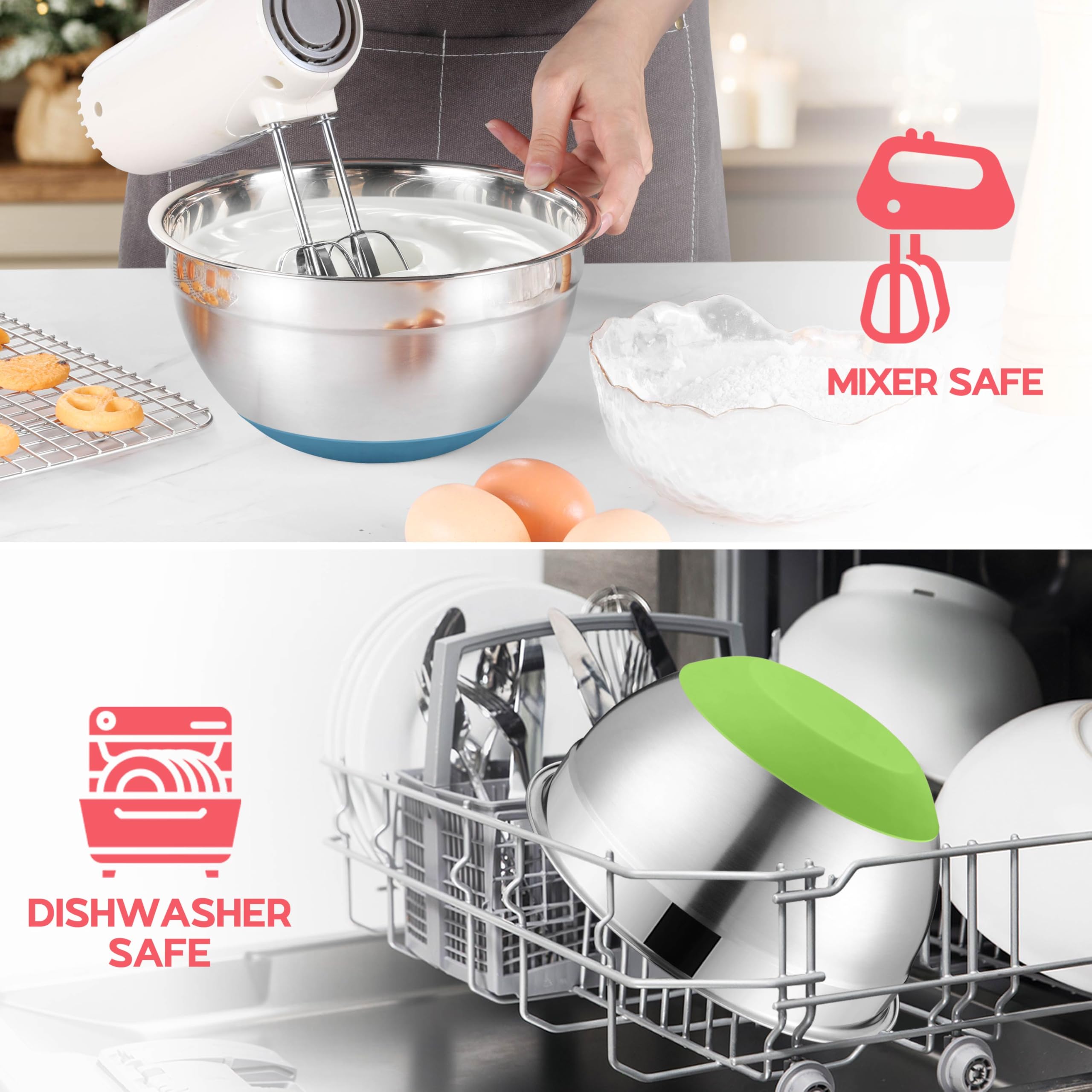Onader Colorful Mixing Bowl Set of 6 for Kitchen, Large Stainless Steel Metal Nesting Mixing Bowls with Airtight Lids, Non Slip - Size 0.7, 1, 1.5, 2, 2.6, 4.6QT
