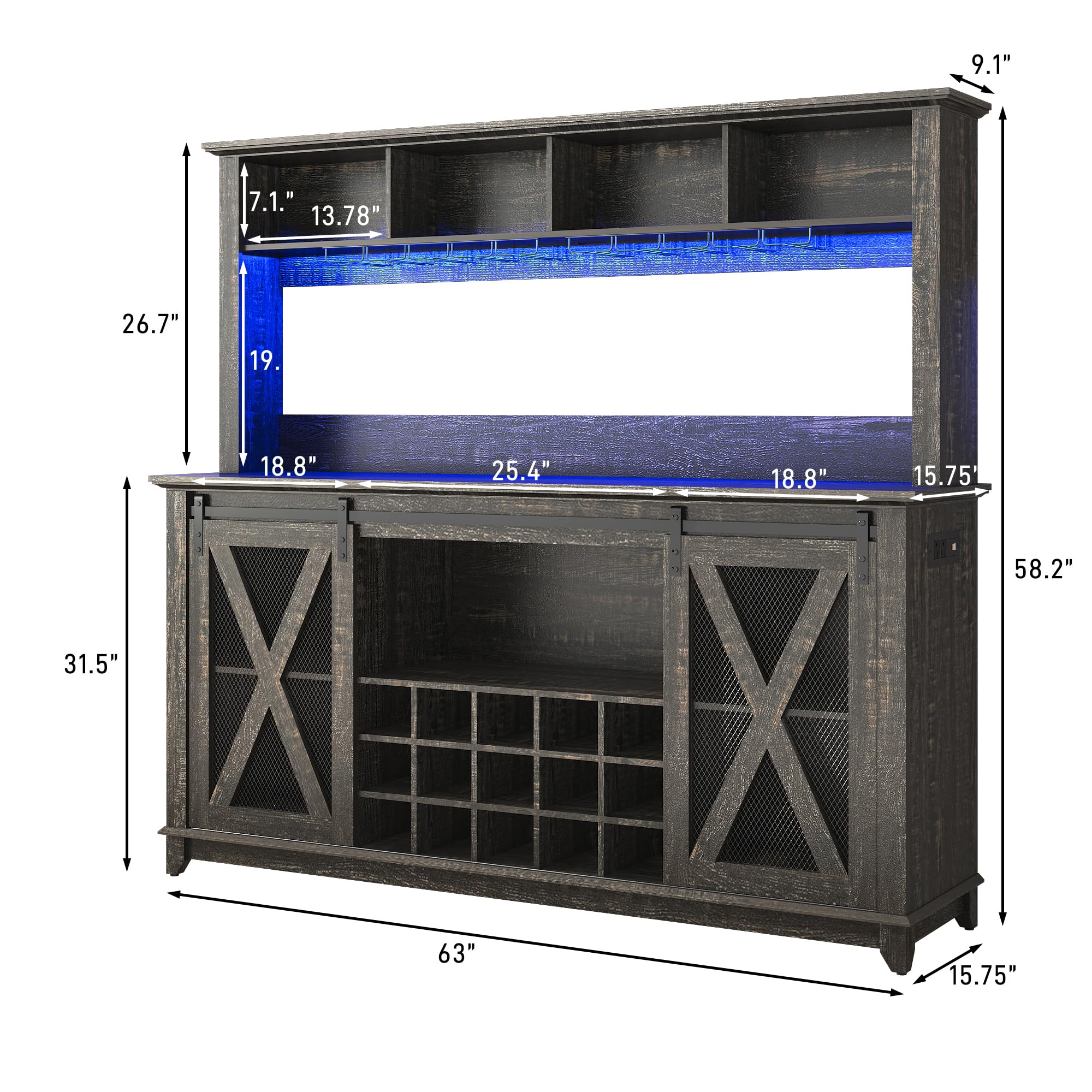 63"Wide 58"H Farmhouse Coffee Bar Cabinet with Power Outlet and LED Light,Wine Bar Cabinet w/ 4 Storage Hutch,Kitchen Buffet Cabinet with 15 Wine and Glass Racks for Kitchen Dining Room(Dark Oak)