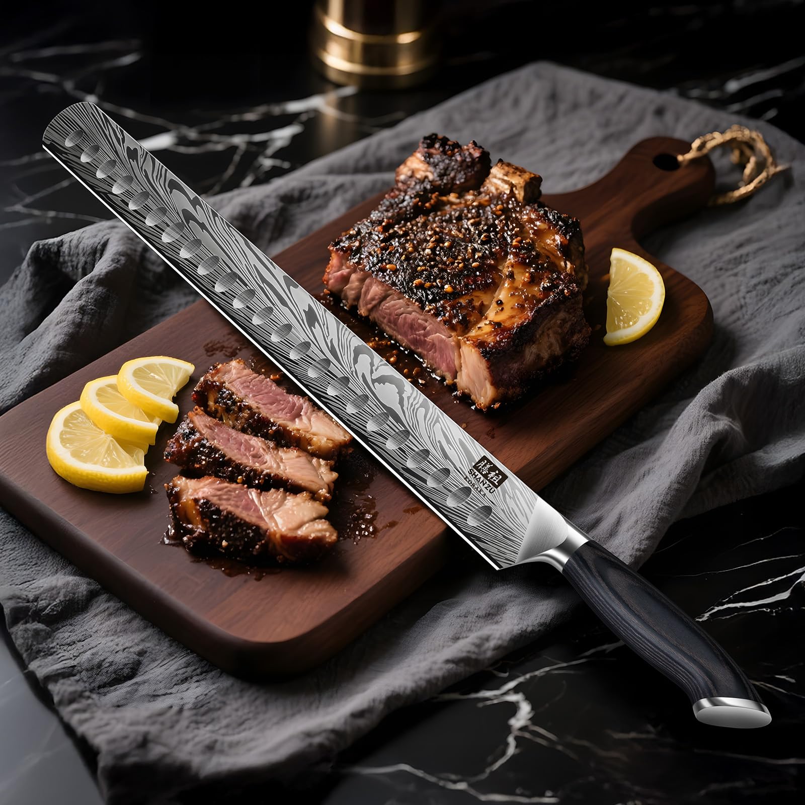 SHAN ZU Brisket Knife in Powder Steel, 12 Inch Carving Knife for Meat Cutting, Turkey and BBQ, Slicing Knives with Ergonomic Pakkawood Handle, Ultra Sharp Meat Knives