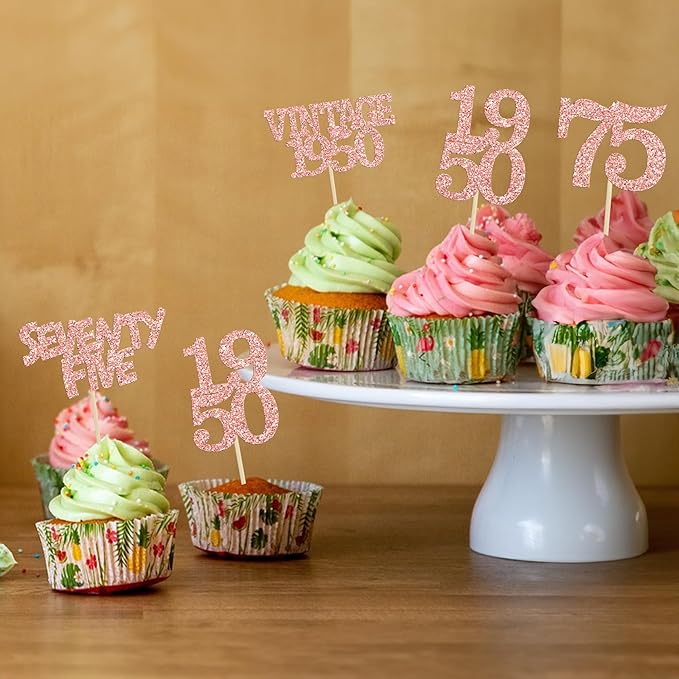 Gyufise 24Pcs 75th Birthday Cupcake Toppers Glitter Cheers to 75 Fabulous Seventy Five Vintage 1950 Cupcake Picks 75th Birthday Wedding Anniversary Party Cake Decorations Supplies Rose Gold