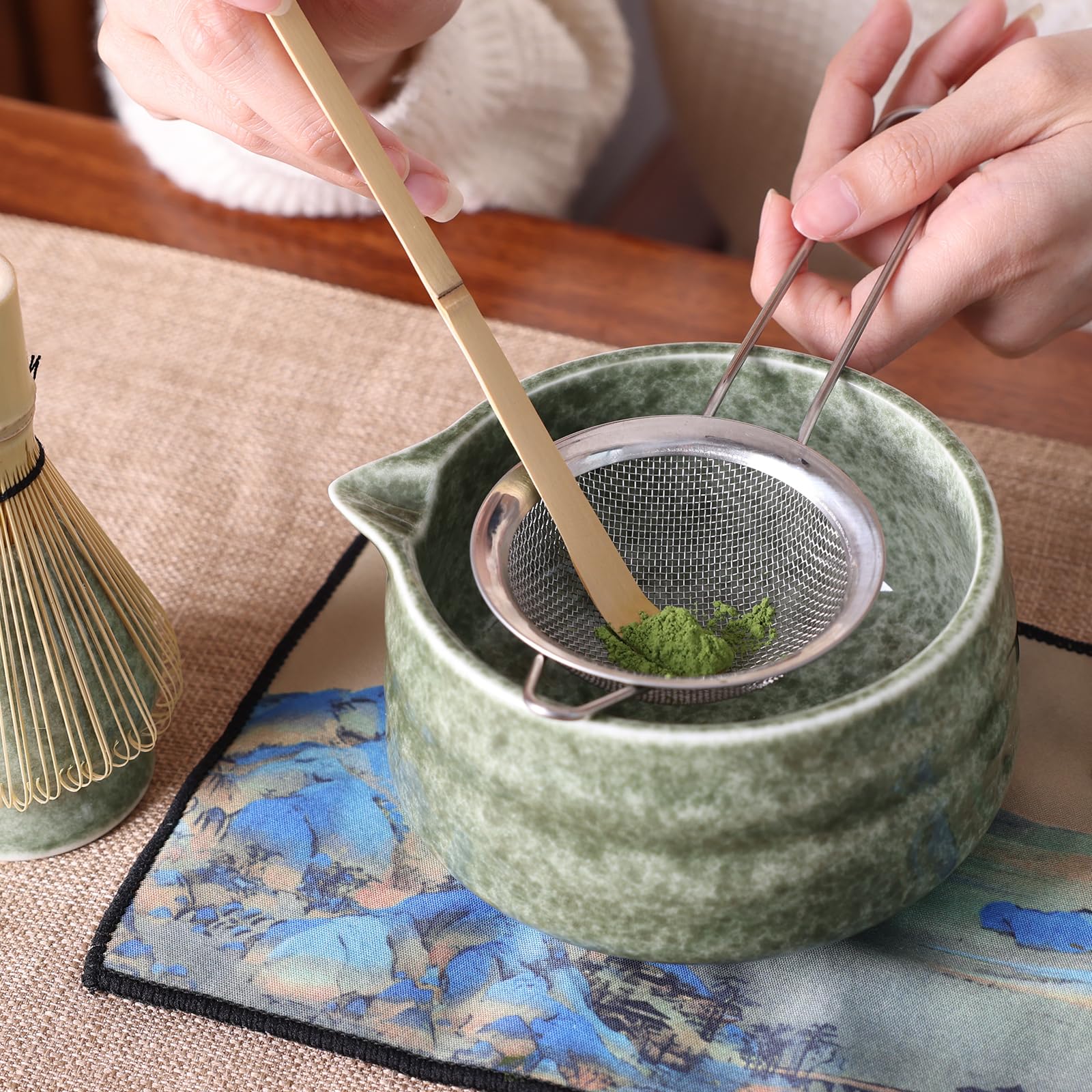 VONAHAST Japanese Matcha Whisk Set - 7-Piece Kit Bamboo Chasen, Ceramic Bowl with Spout, Stainless Steel Sifter & Holder Green