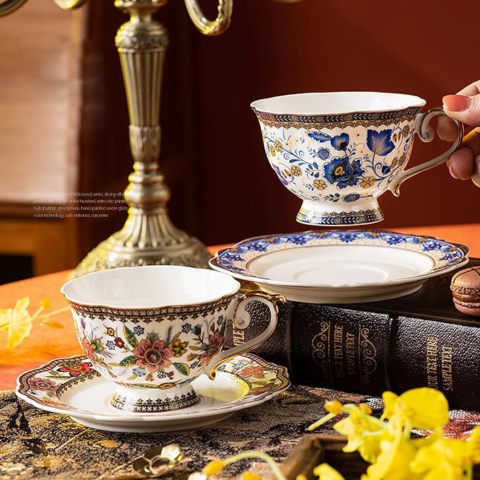 ACMLIFE Bone China Tea Cup and Saucer Set for 1, Vintage Floral Tea Cup with Saucer, Spoon and Gift Box, 6.8 oz (Pink-A)