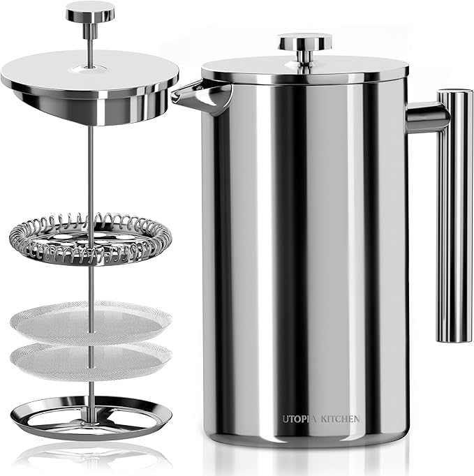 Utopia Kitchen Stainless Steel French Press Coffee Maker 12 Oz, French Press Tea Maker, Cold Brew Portable Travel Coffee Presses, Tea Press Gifts Silver